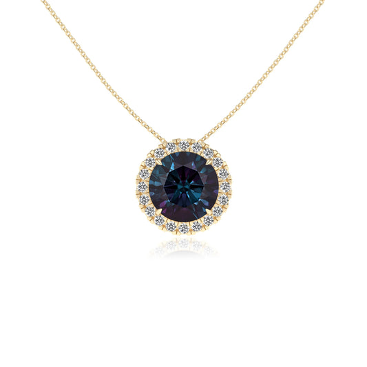 lab grown alexandrite round solitaire necklaces in yellow gold
