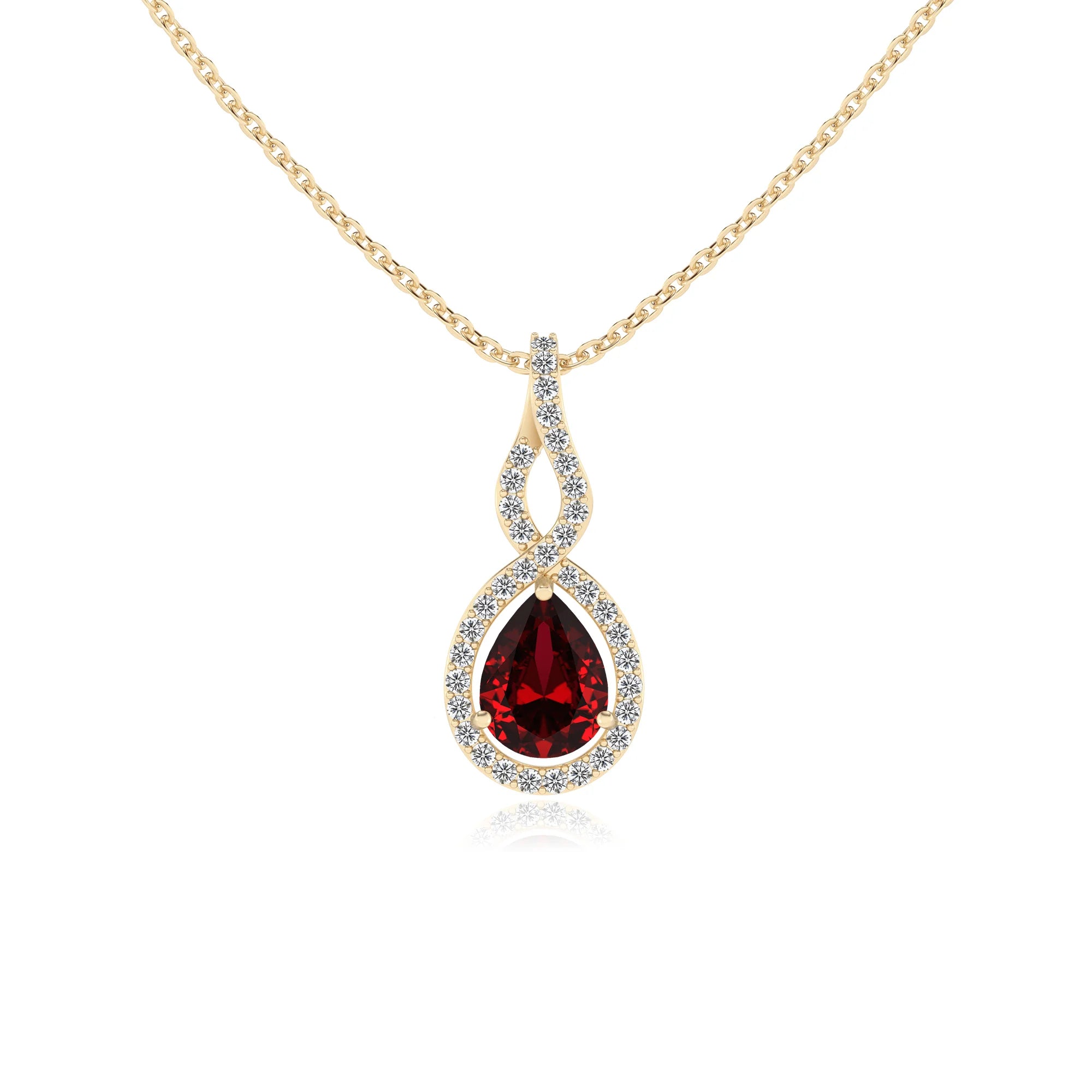 lab grown ruby pear necklaces in yellow gold