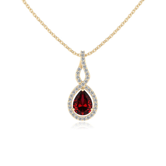 lab grown ruby pear necklaces in yellow gold