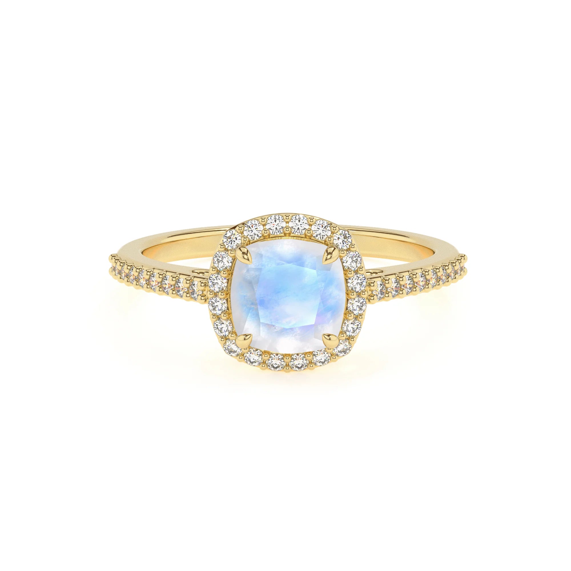 natural rainbow-moonstone cushion solitaire rings in yellow gold