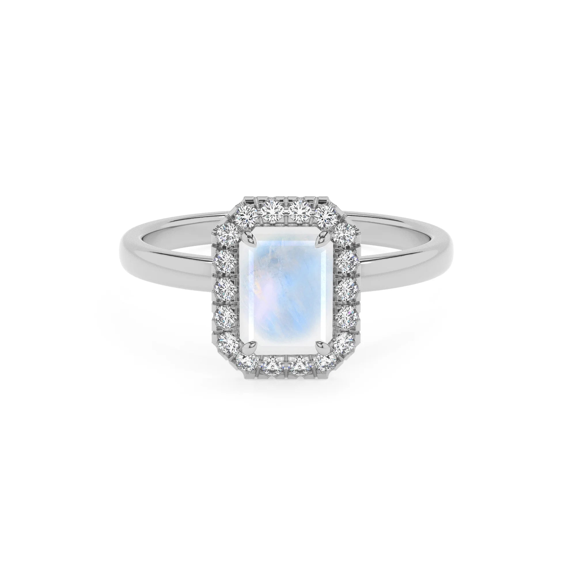 natural rainbow-moonstone emerald cut solitaire rings in white gold