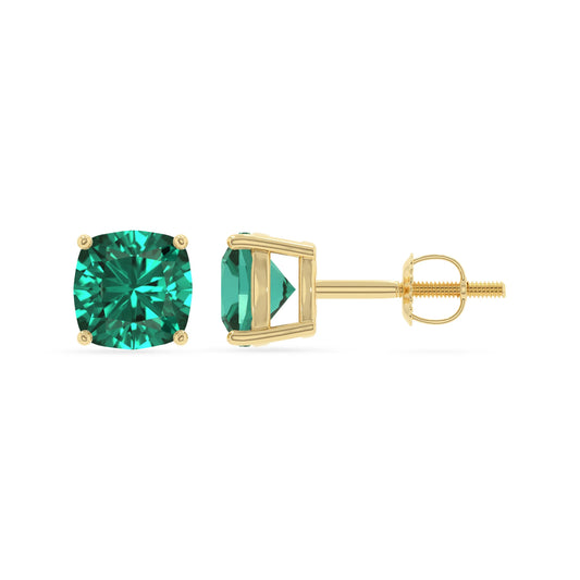 lab grown emerald cushion stud earrings in yellow gold