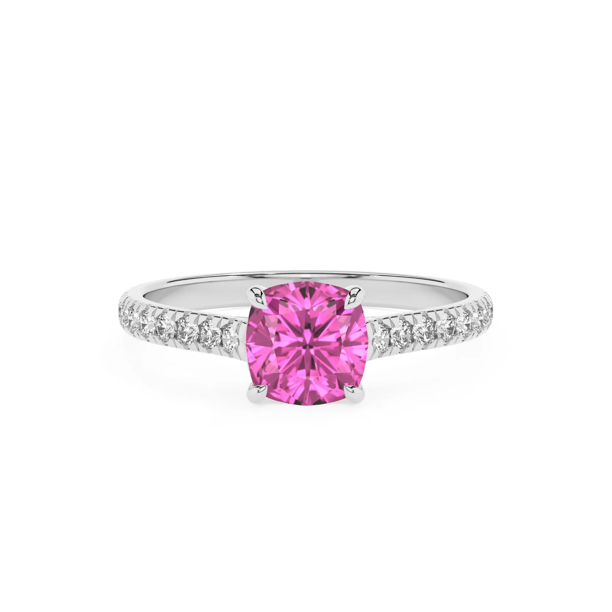 lab grown pink-sapphire cushion half eternity solitaire engagement rings in platinum