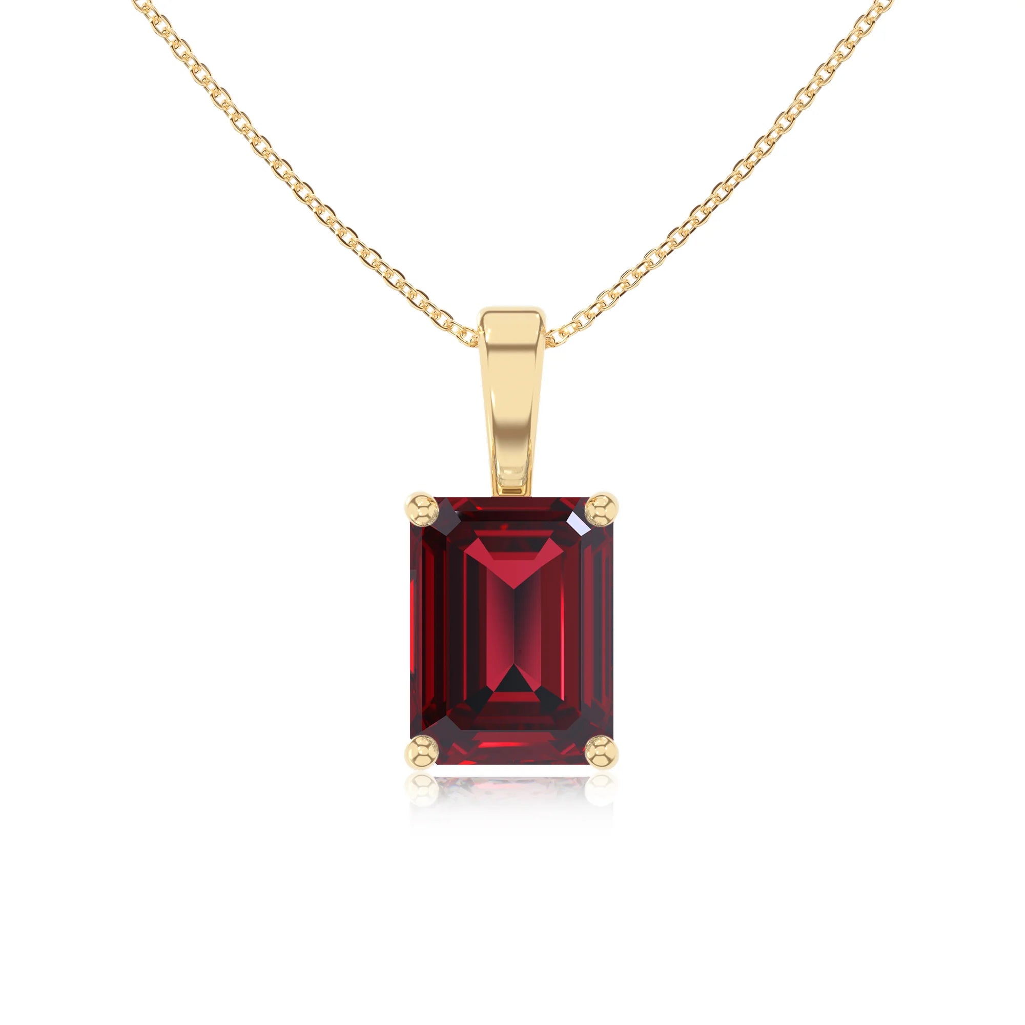 lab grown ruby emerald cut solitaire necklaces in yellow gold
