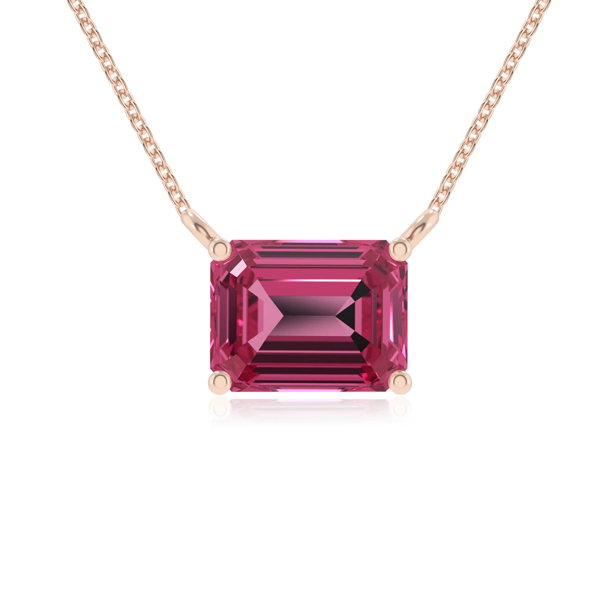 lab grown pink-tourmaline emerald cut solitaire necklaces in rose gold