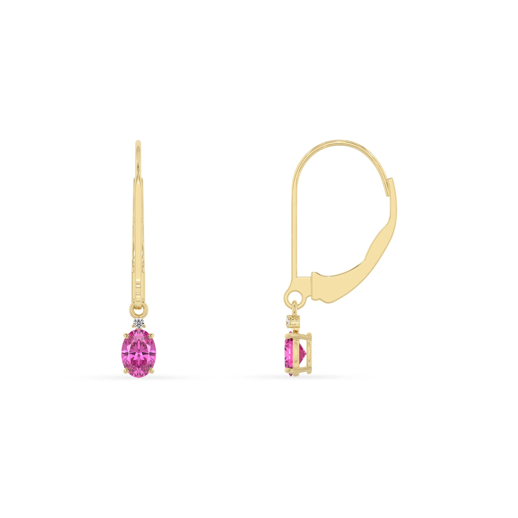lab grown pink sapphire oval drop earrings in yellow gold