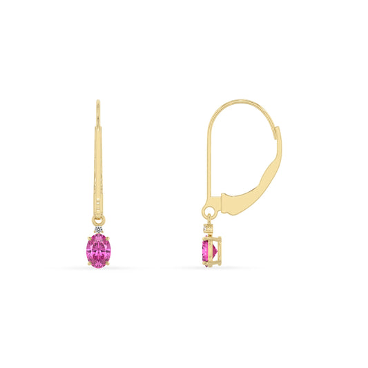 lab grown pink sapphire oval drop earrings in yellow gold