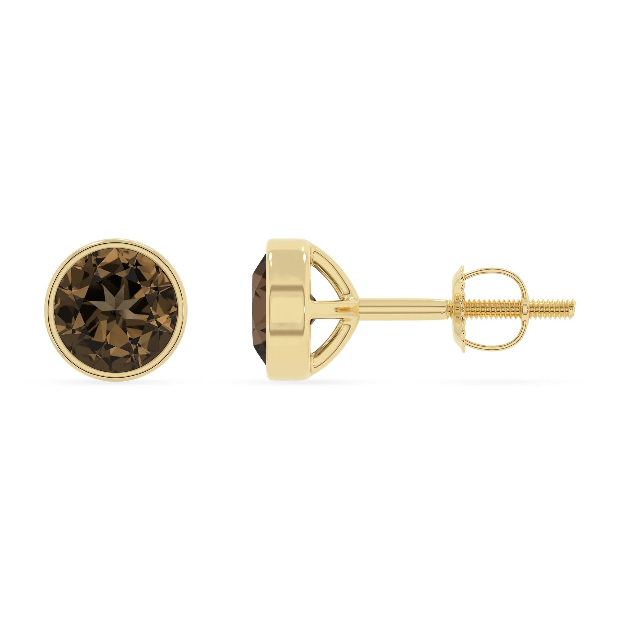 natural smoky quartz round stud earrings in yellow gold