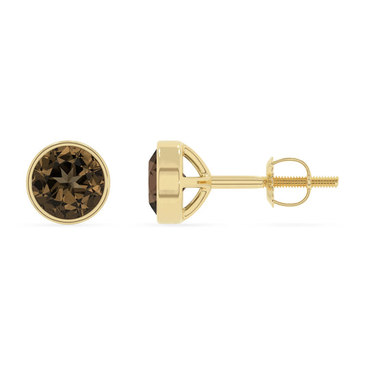 natural smoky quartz round stud earrings in yellow gold