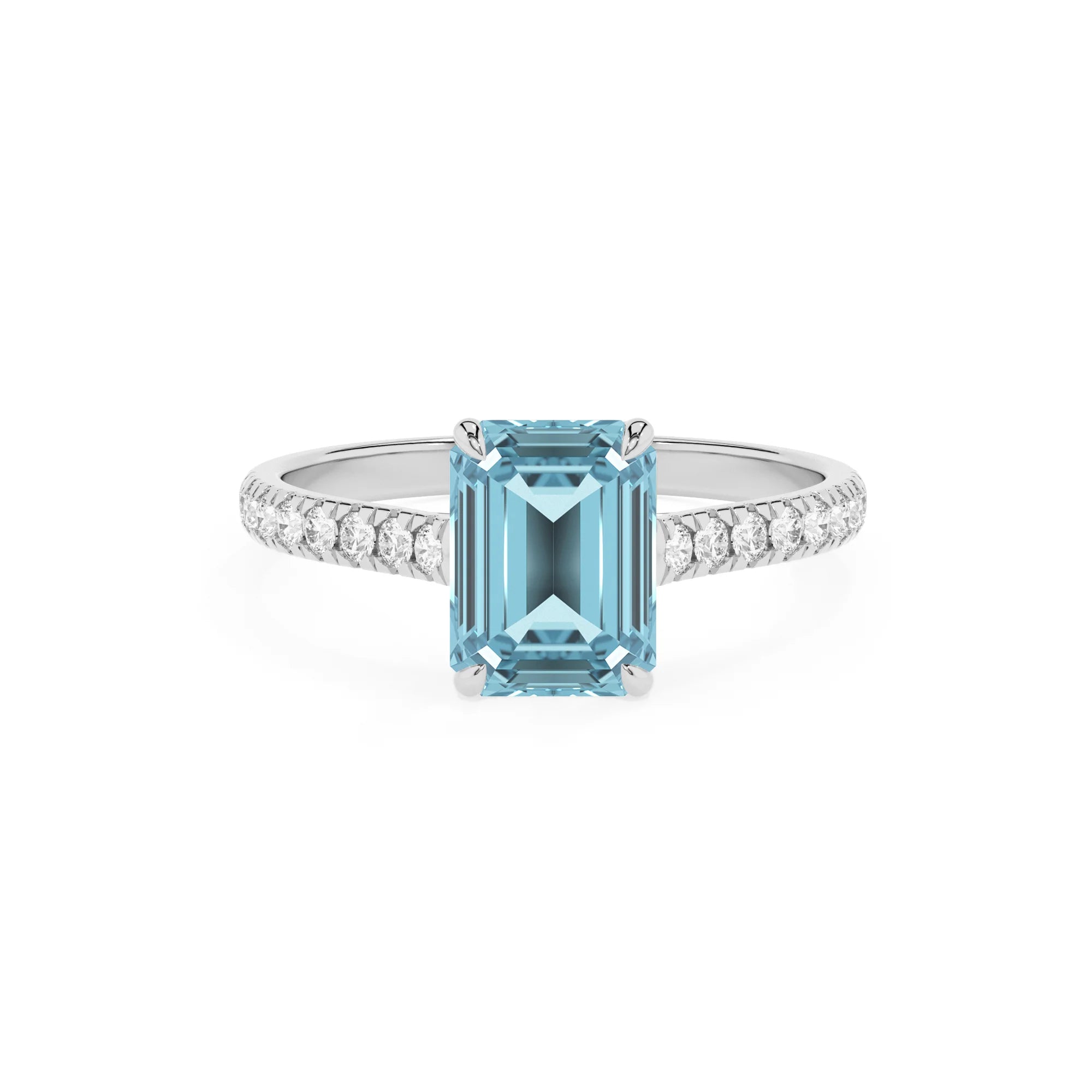 lab grown aquamarine emerald cut half eternity solitaire engagement rings in white gold