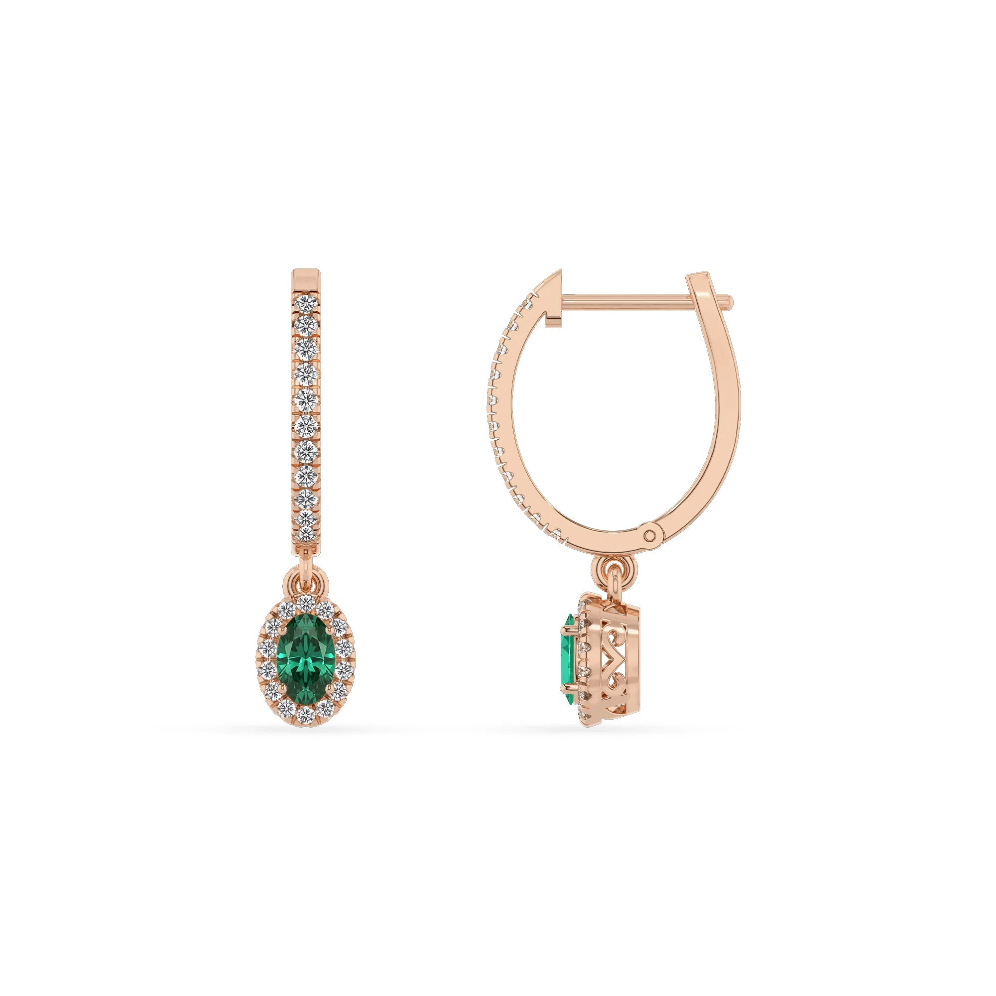 lab grown emerald oval drop earrings in rose gold