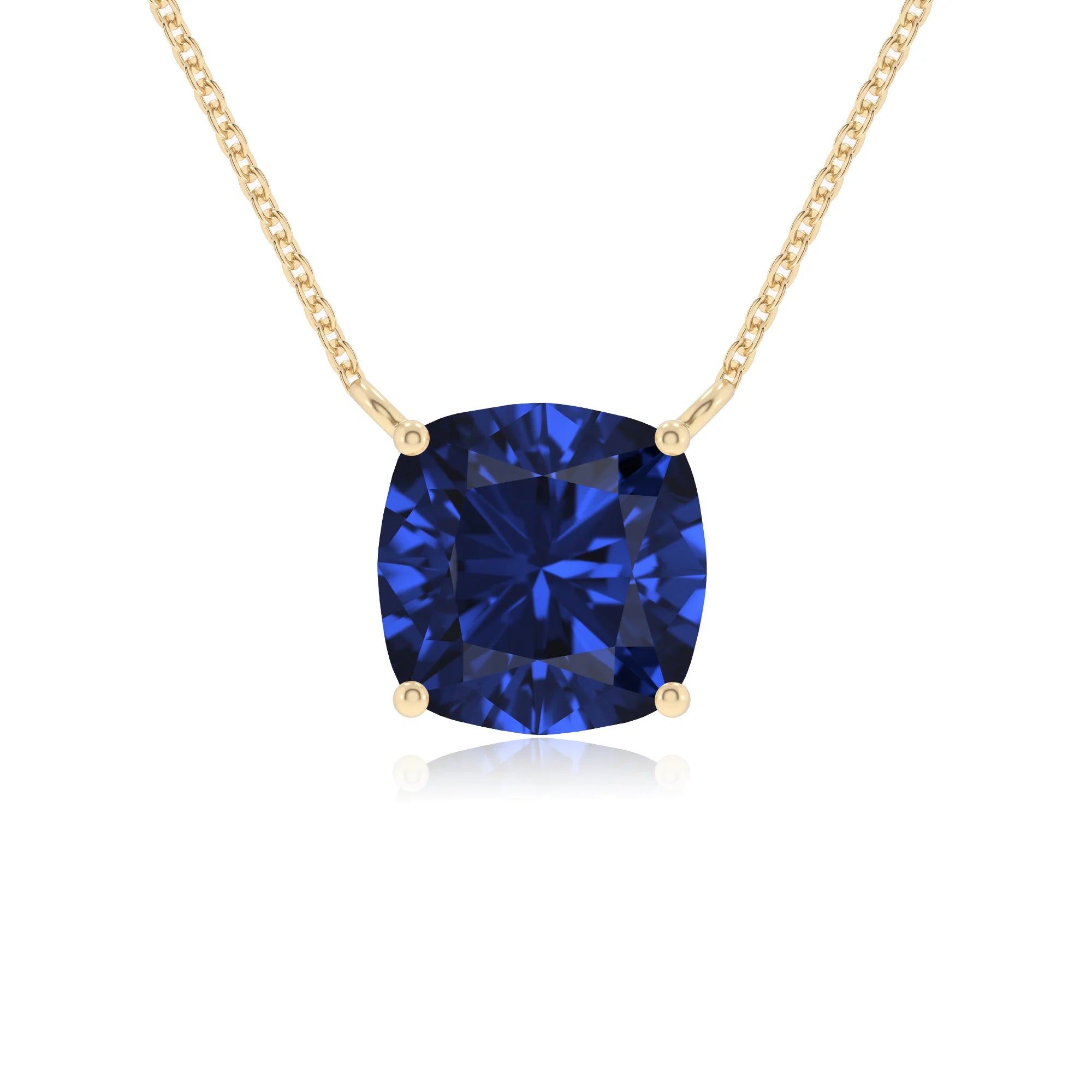 lab grown blue-sapphire cushion solitaire necklaces in yellow gold
