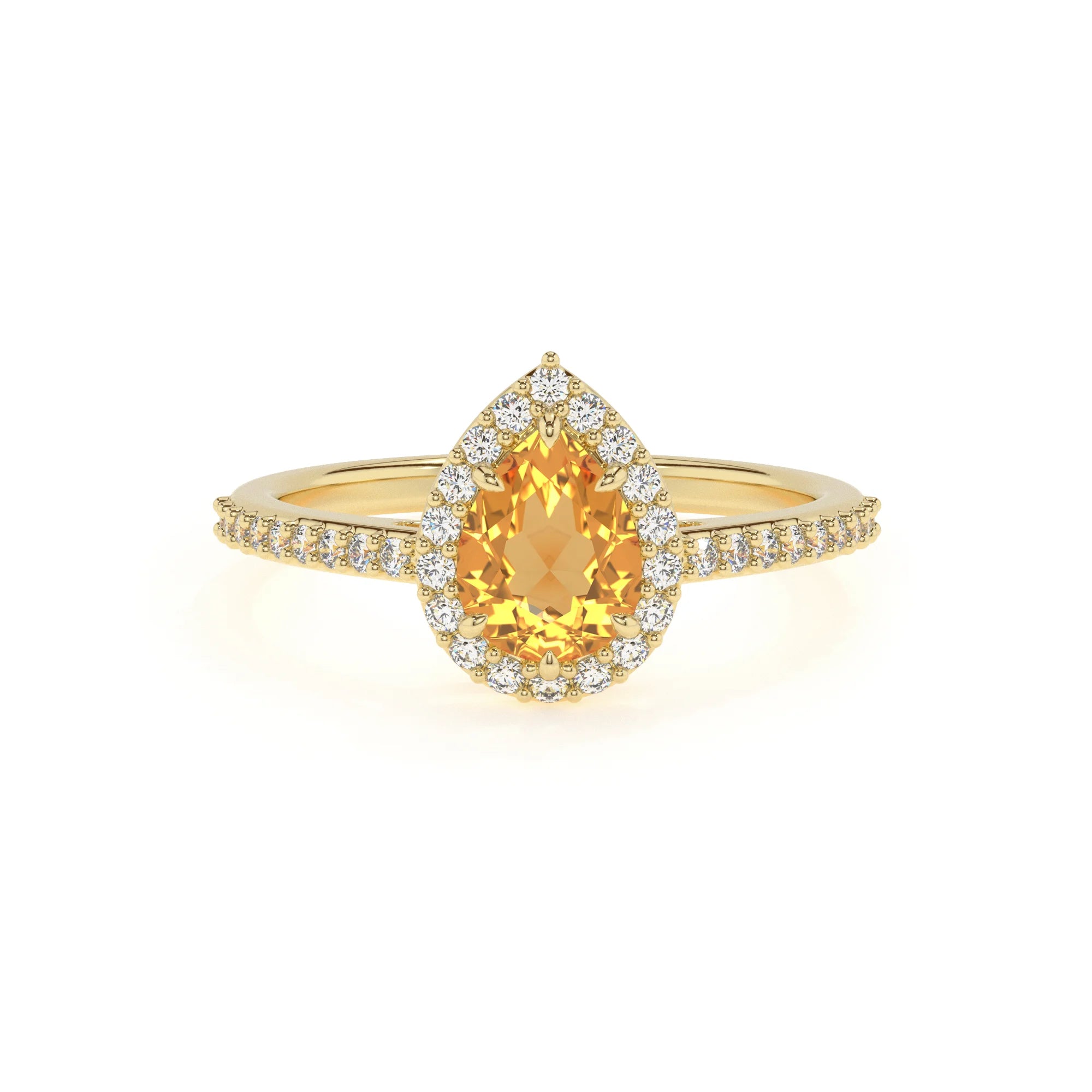 lab grown citrine pear solitaire rings in yellow gold