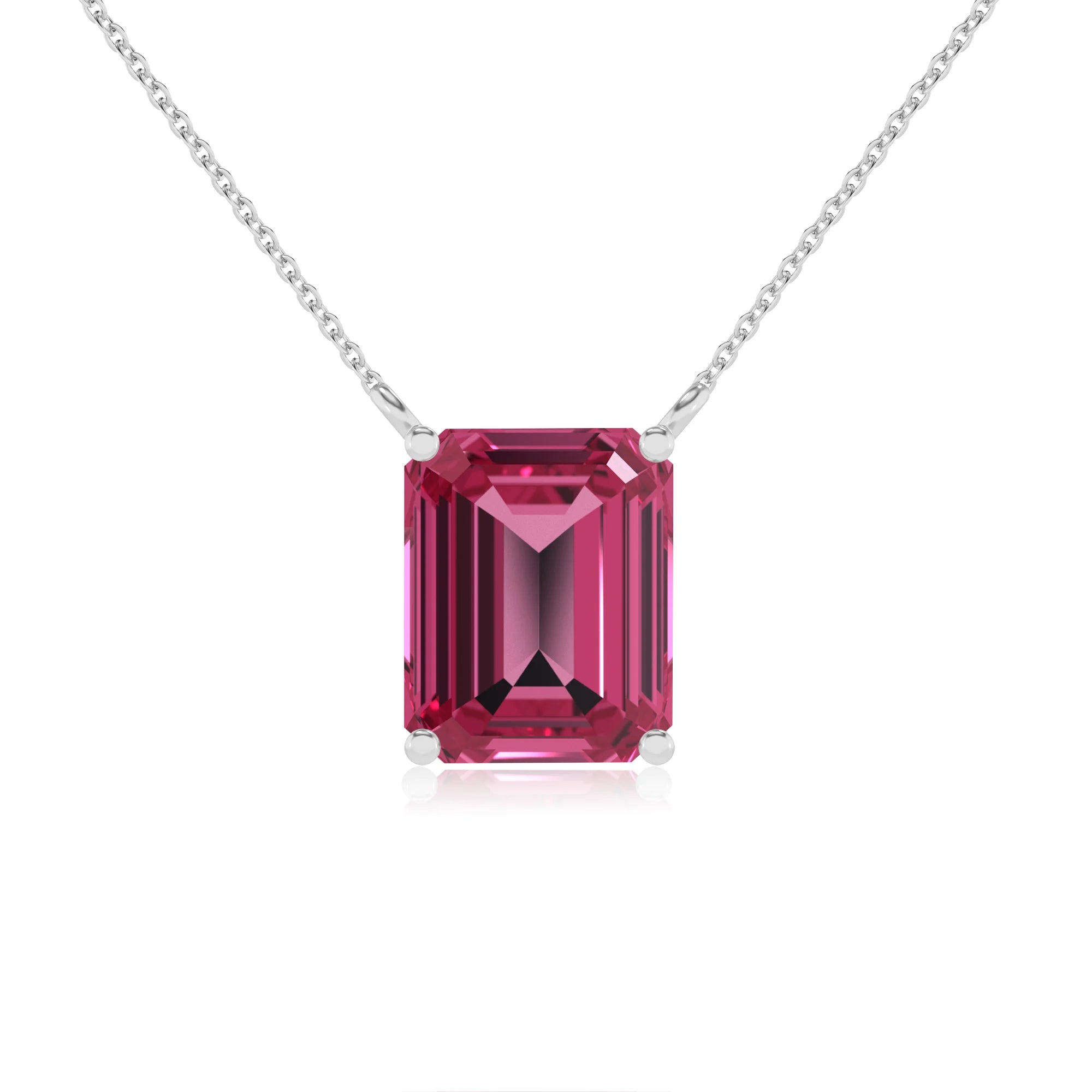 lab grown pink-tourmaline emerald cut solitaire necklaces in platinum