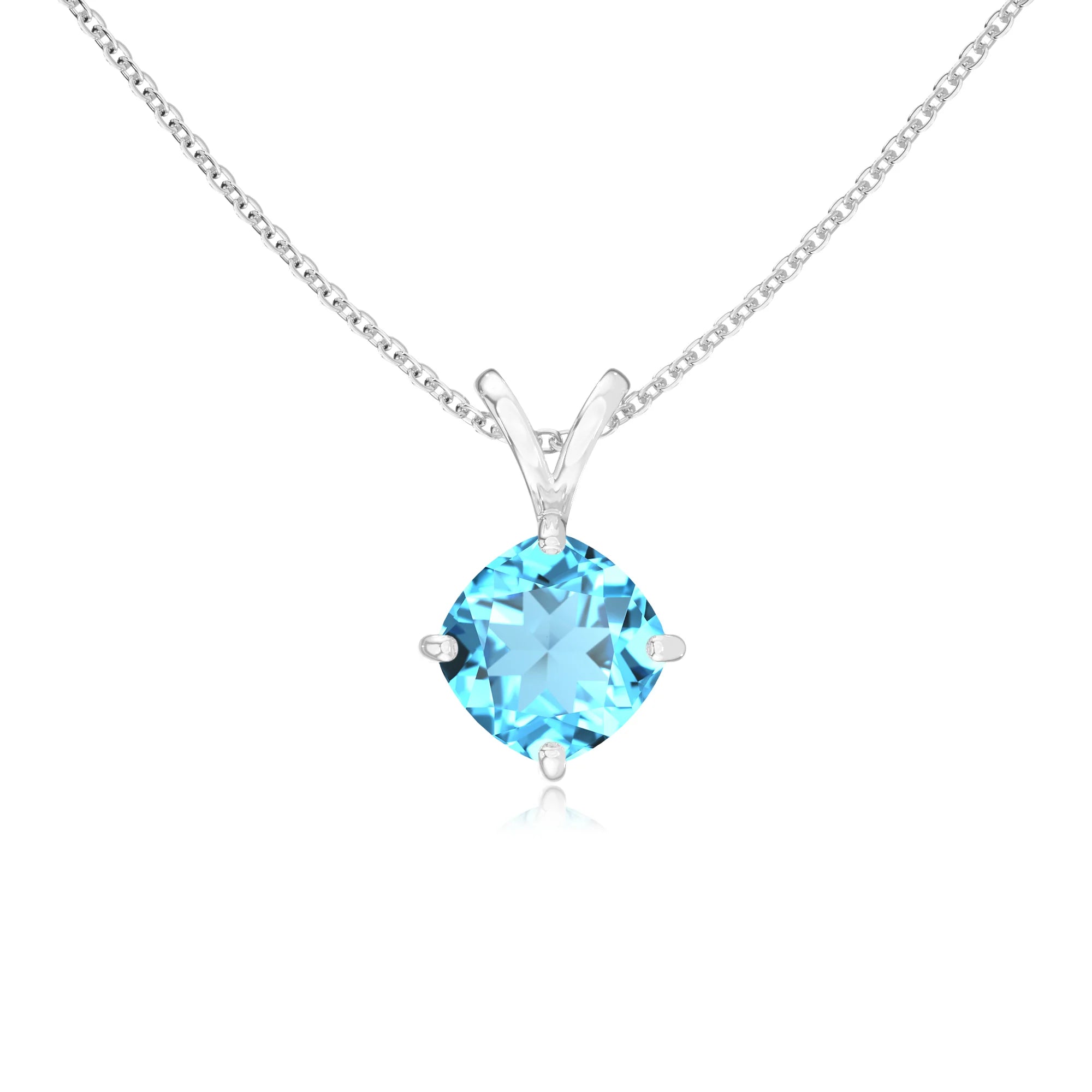 natural swiss-blue-topaz cushion solitaire v-bale necklaces in white gold