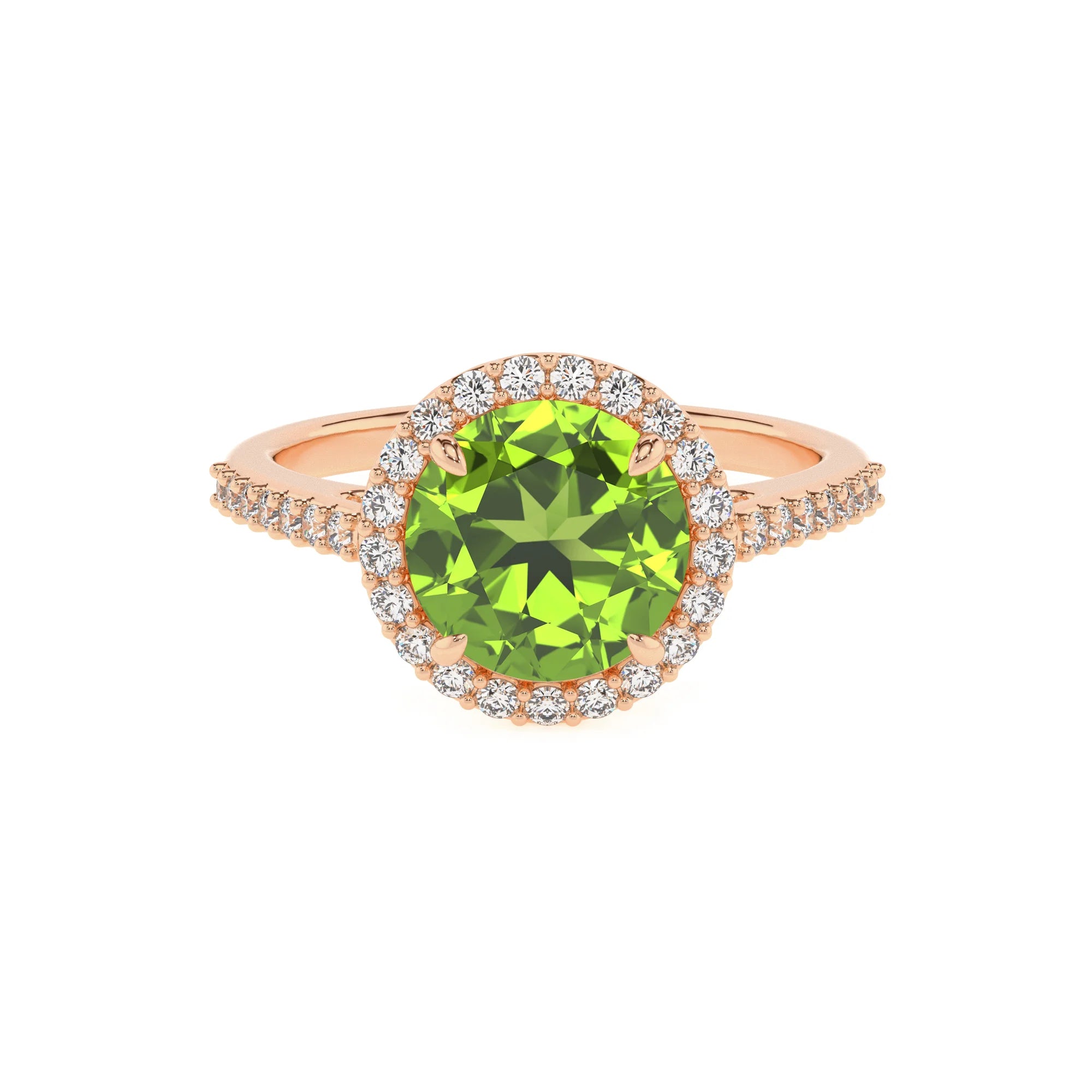 natural peridot round solitaire rings in rose gold