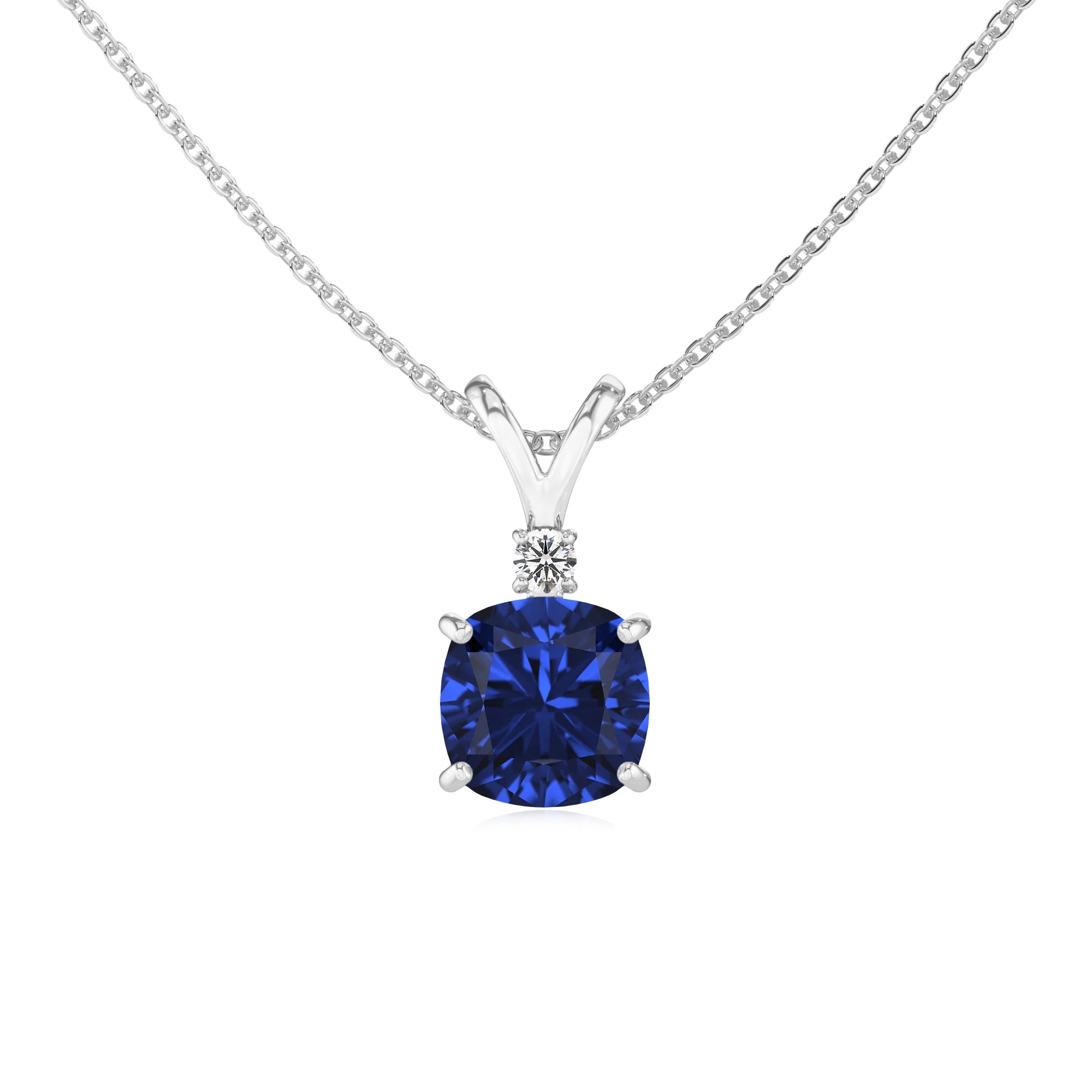 lab grown blue-sapphire cushion solitaire v-bale necklaces in white gold