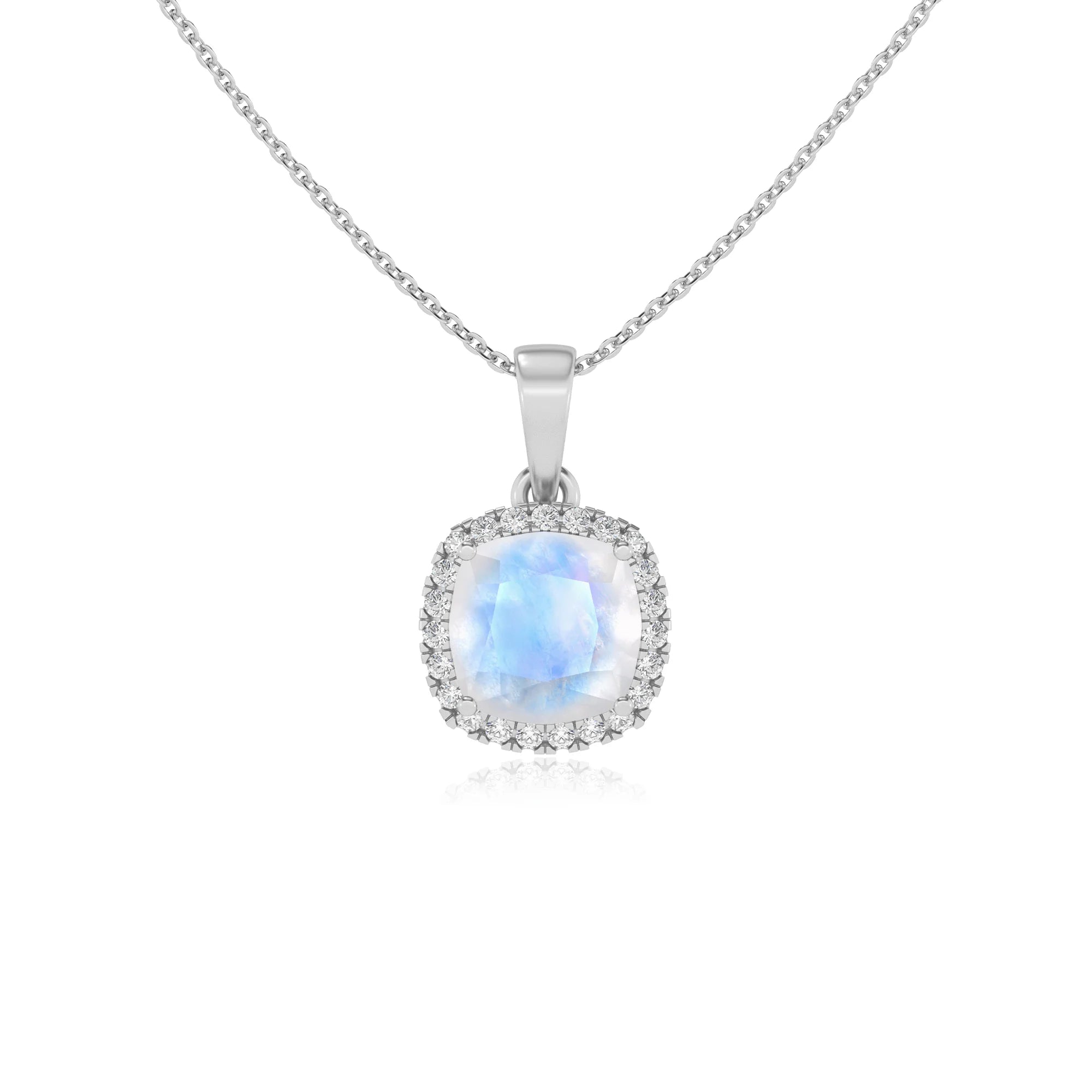 natural rainbow-moonstone cushion solitaire necklaces in platinum