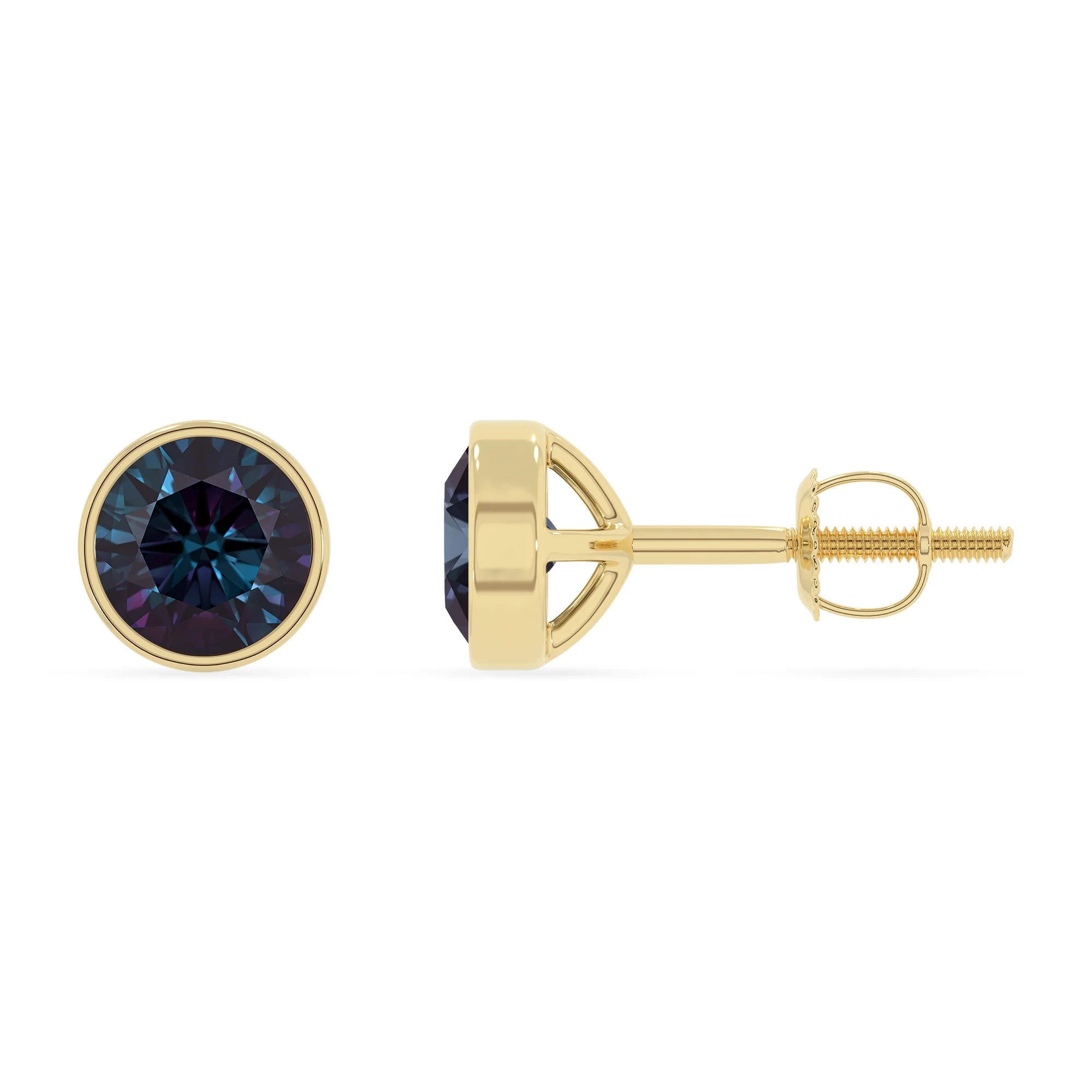 lab grown alexandrite round stud earrings in yellow gold