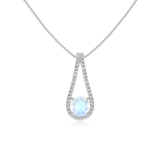 natural rainbow-moonstone round solitaire v-bale necklaces in platinum