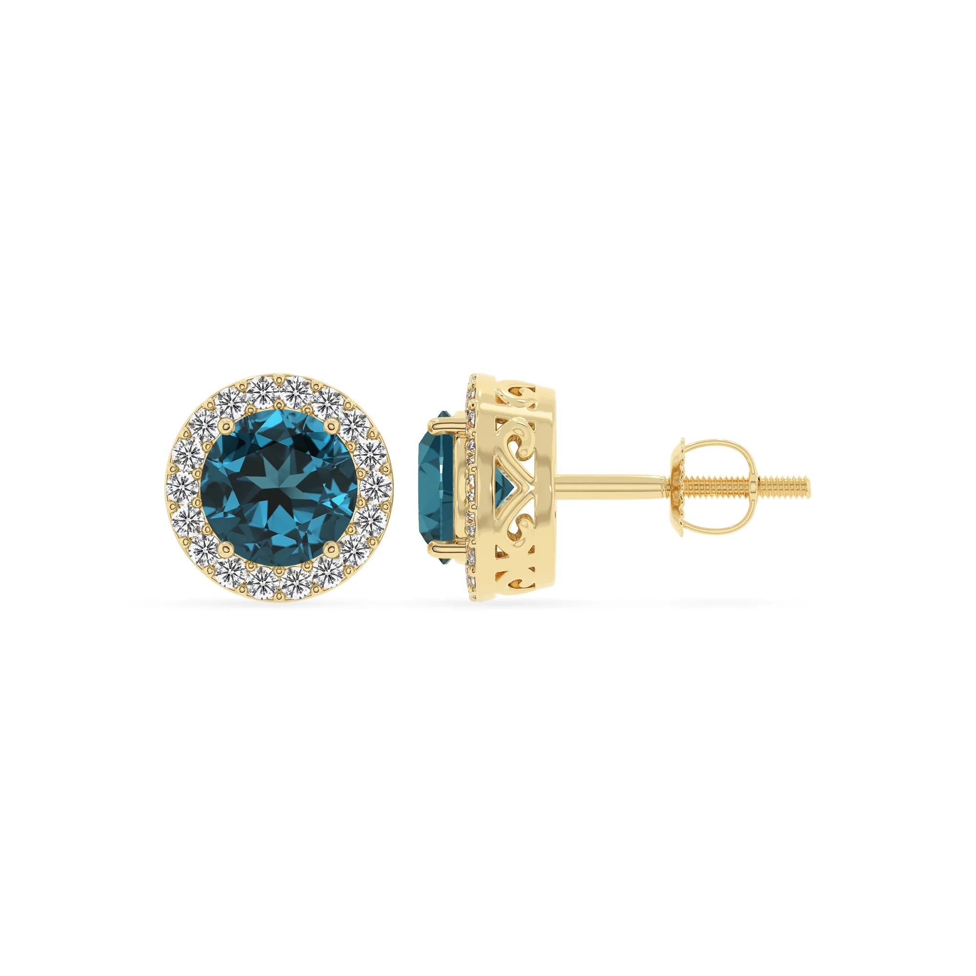 natural london blue topaz round stud earrings in yellow gold