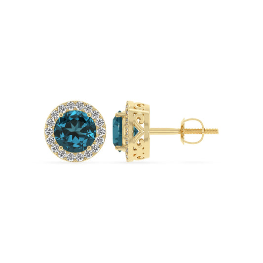 natural london blue topaz round stud earrings in yellow gold