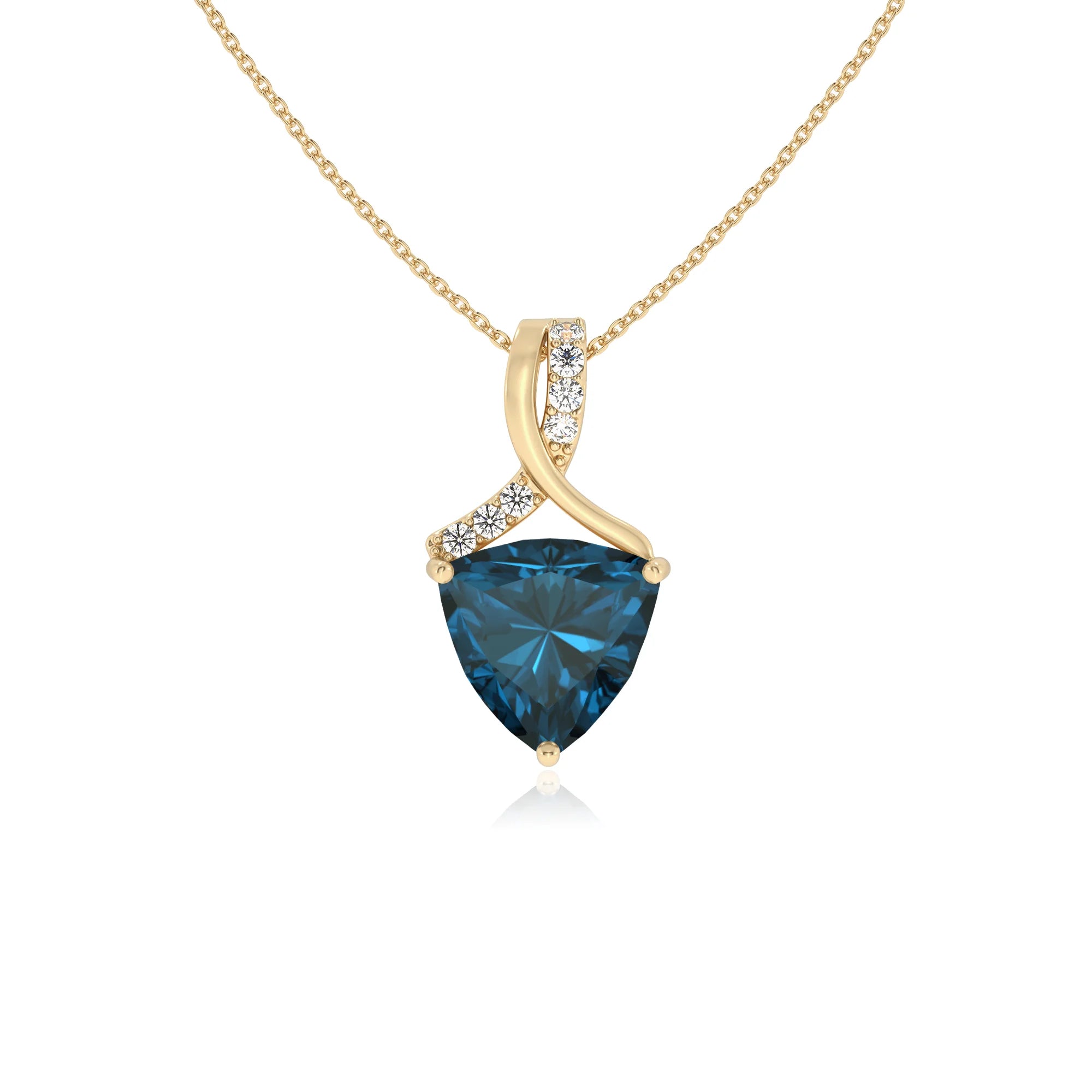 natural london-blue-topaz trillion solitaire necklaces in yellow gold