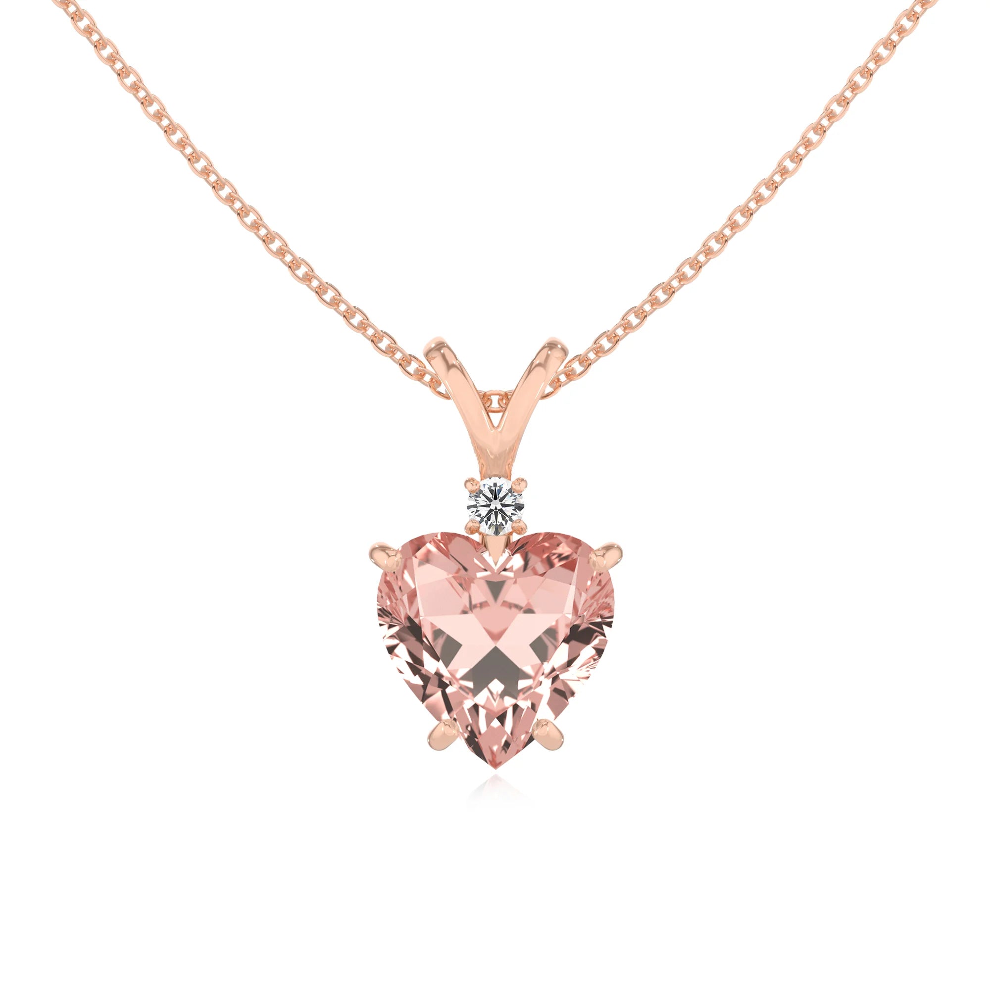 lab grown morganite heart solitaire v-bale necklaces in rose gold