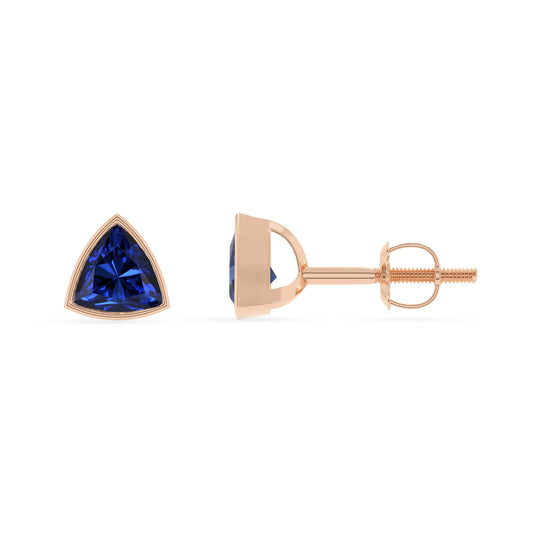 lab grown blue sapphire trillion stud earrings in rose gold