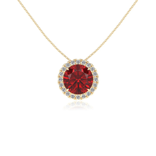 lab grown ruby round solitaire necklaces in yellow gold
