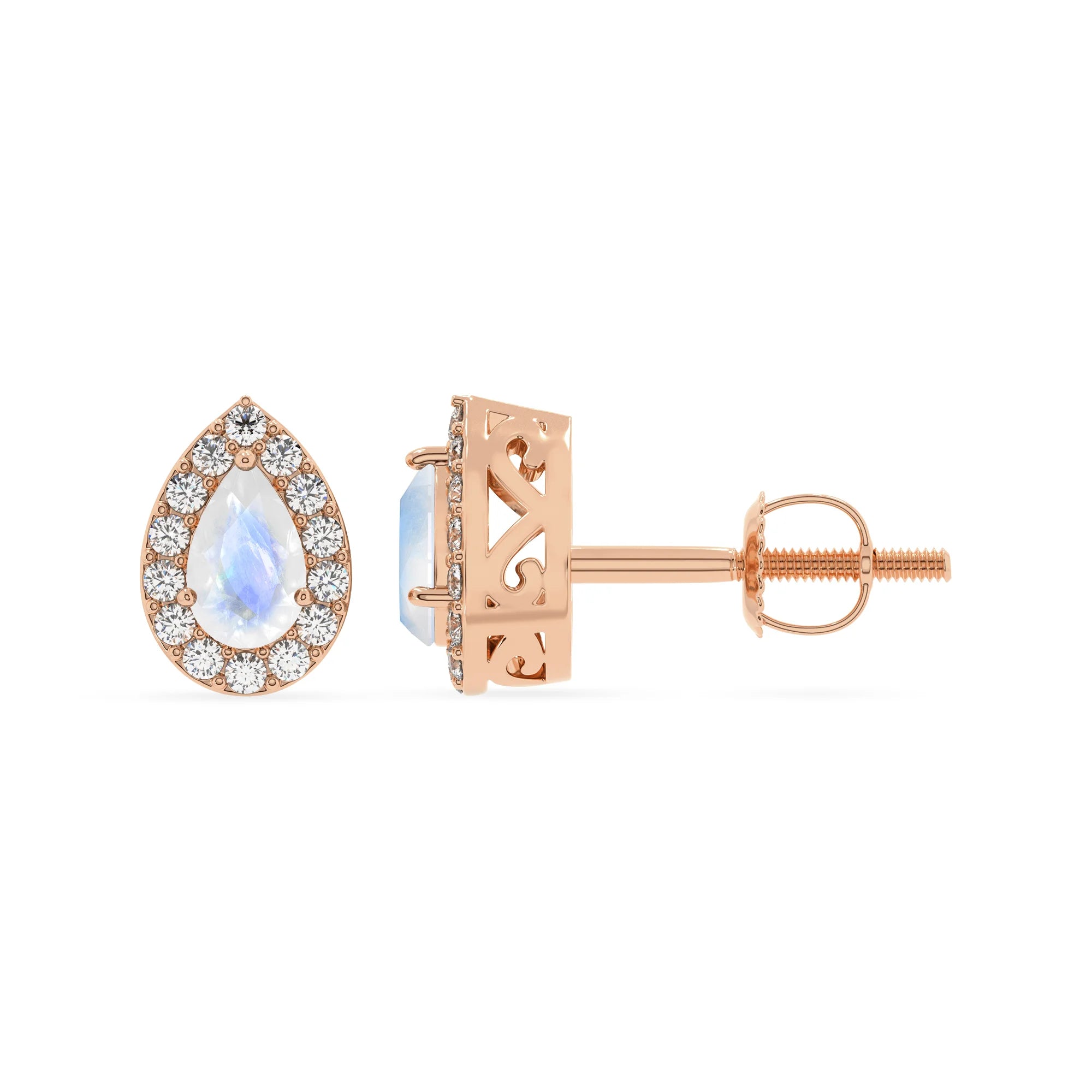 natural rainbow moonstone pear stud earrings in rose gold