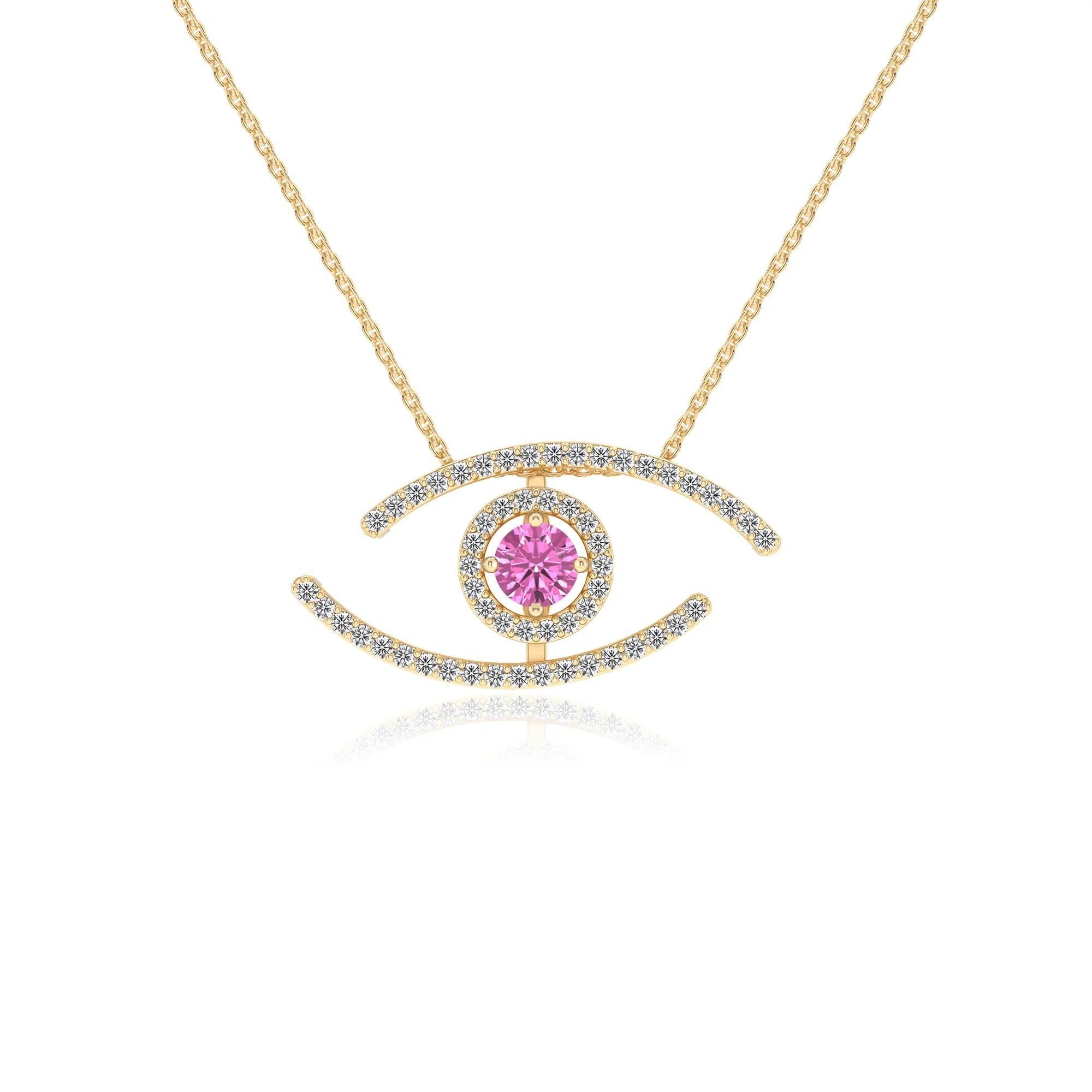 lab grown pink-sapphire round solitaire necklaces in yellow gold