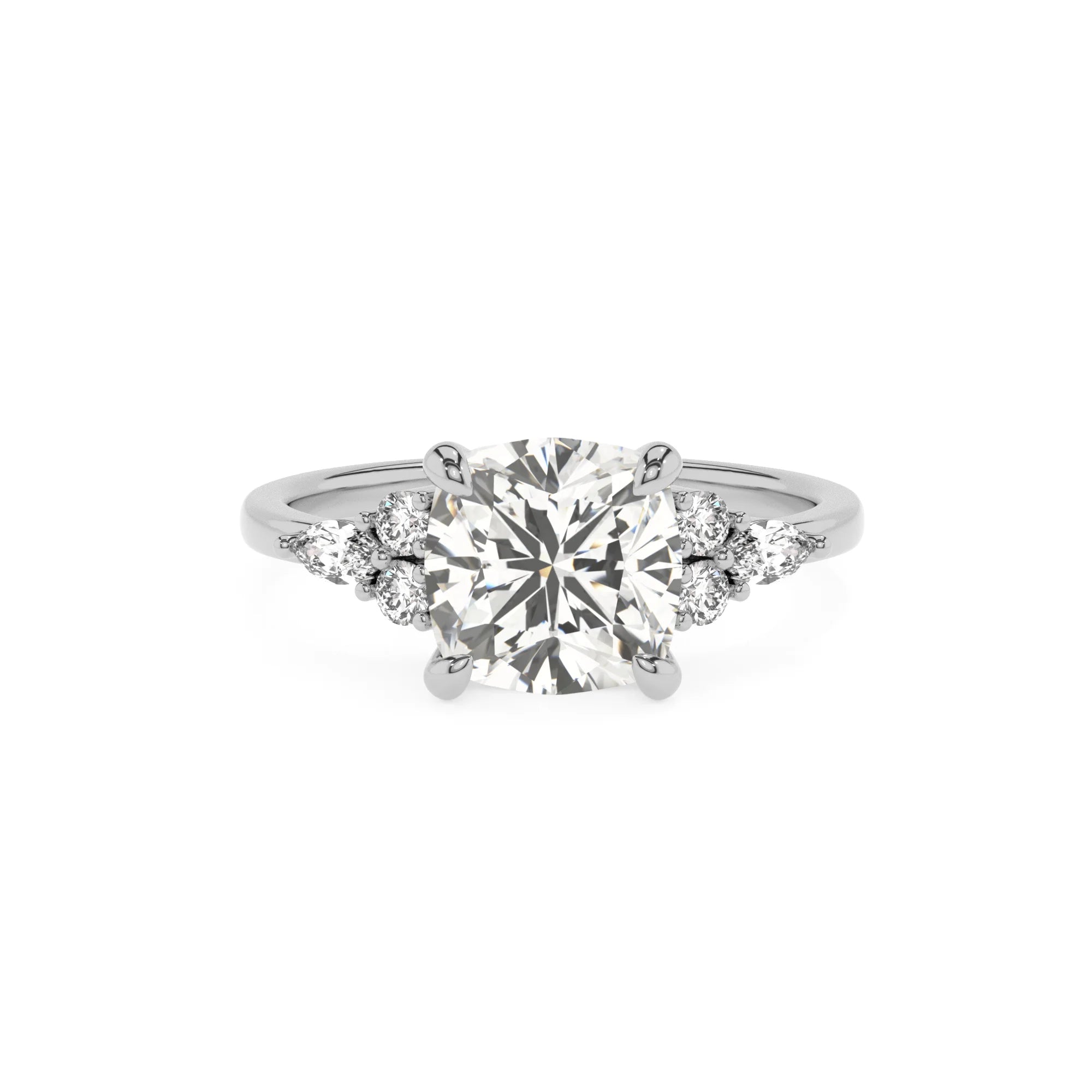 lab grown moissanite cushion solitaire rings in white gold
