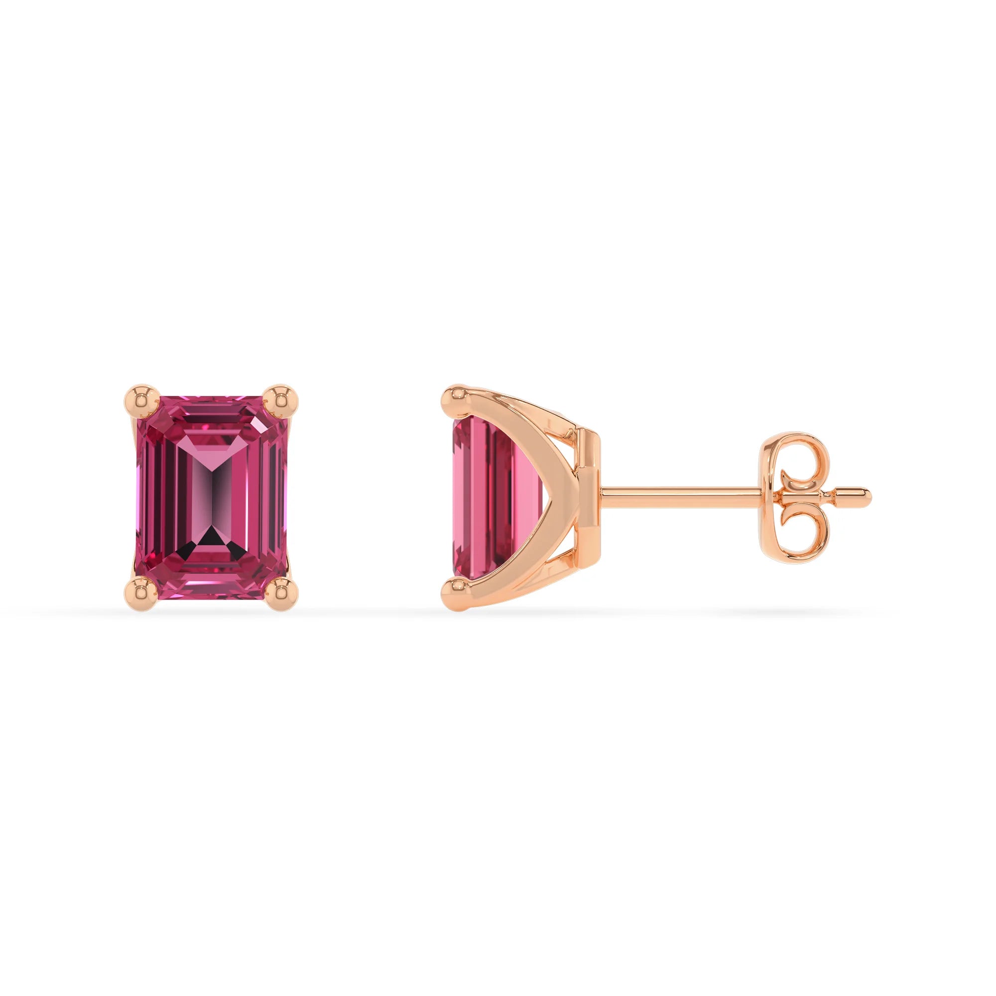 lab grown pink tourmaline emerald cut stud earrings in rose gold