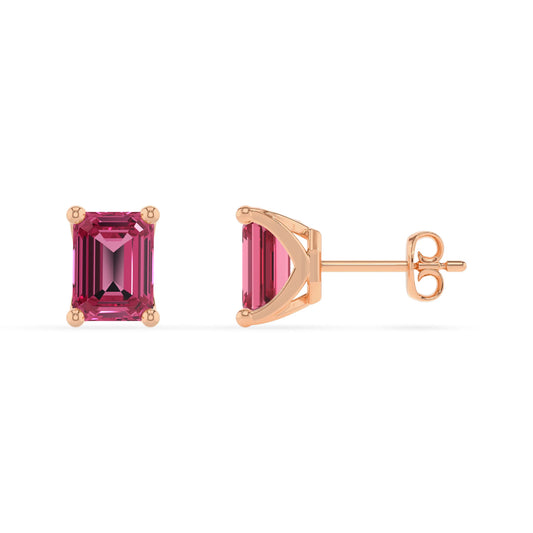 lab grown pink tourmaline emerald cut stud earrings in rose gold