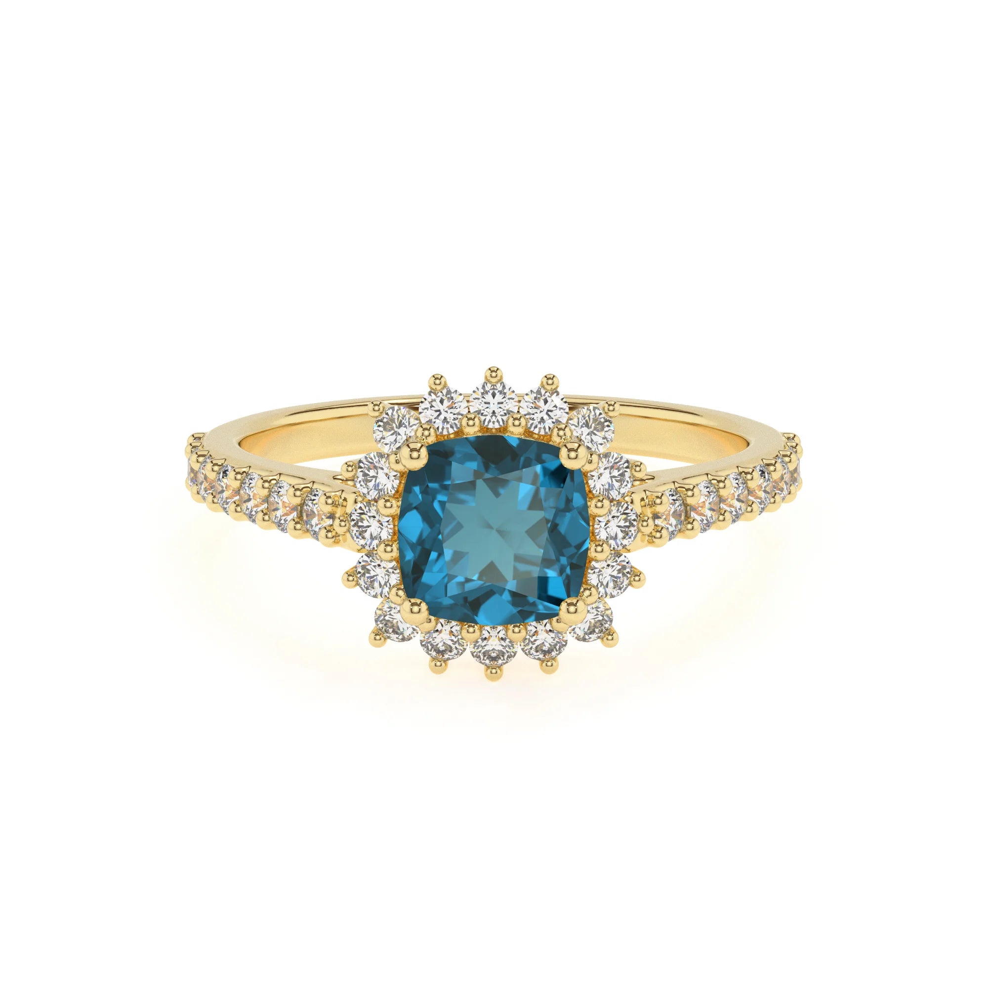 natural london-blue-topaz cushion solitaire rings in yellow gold