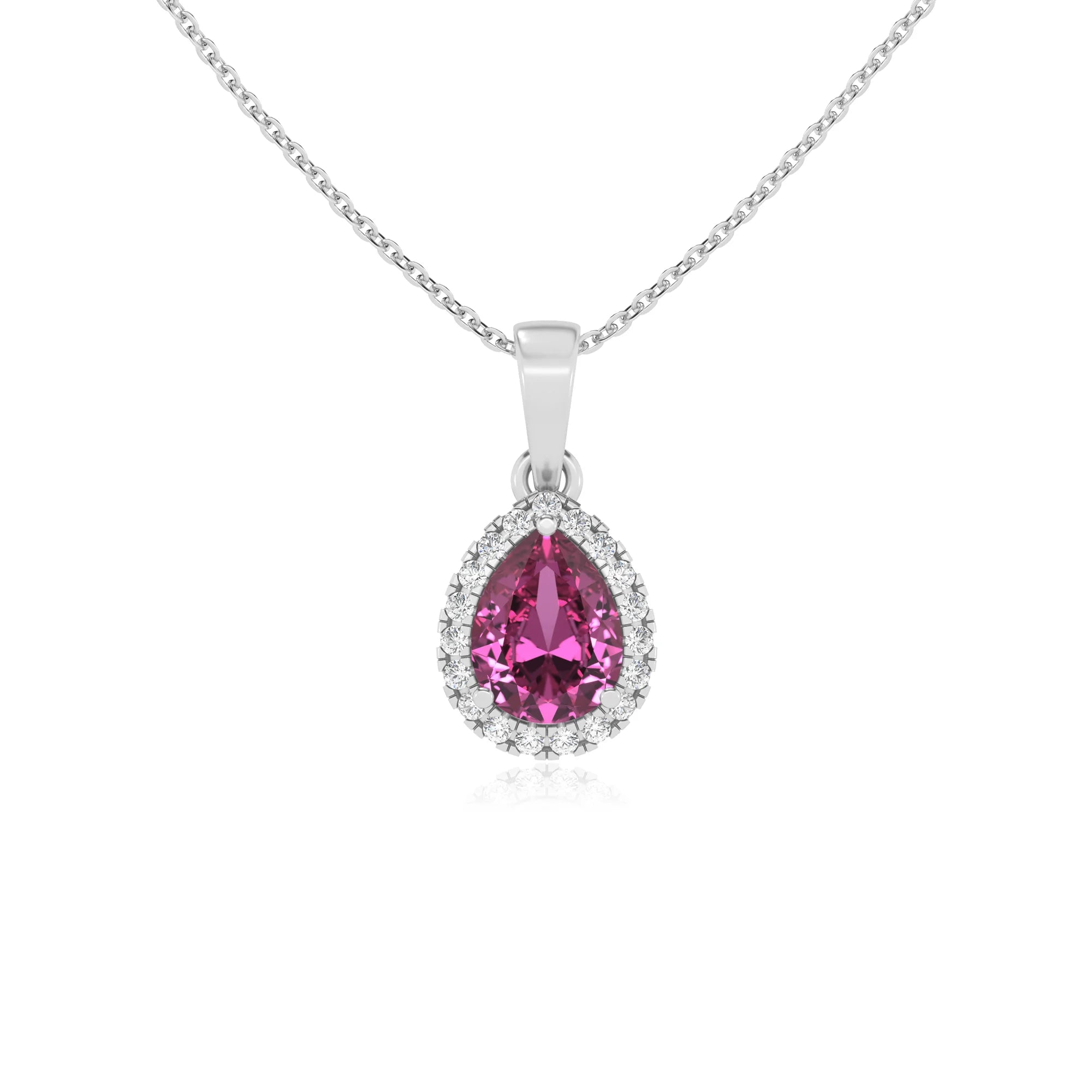 lab grown pink-sapphire pear solitaire necklaces in sterling silver