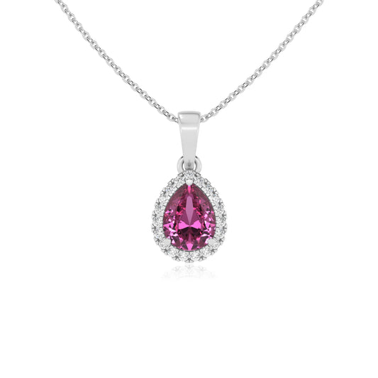 lab grown pink-sapphire pear solitaire necklaces in sterling silver