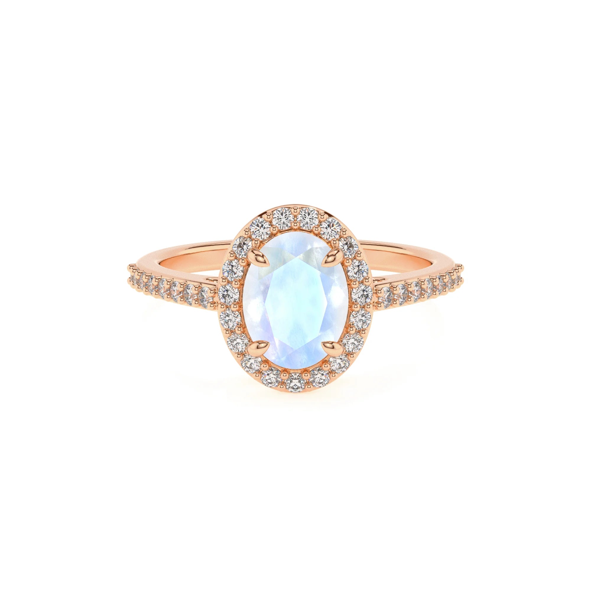 natural rainbow-moonstone oval solitaire rings in rose gold