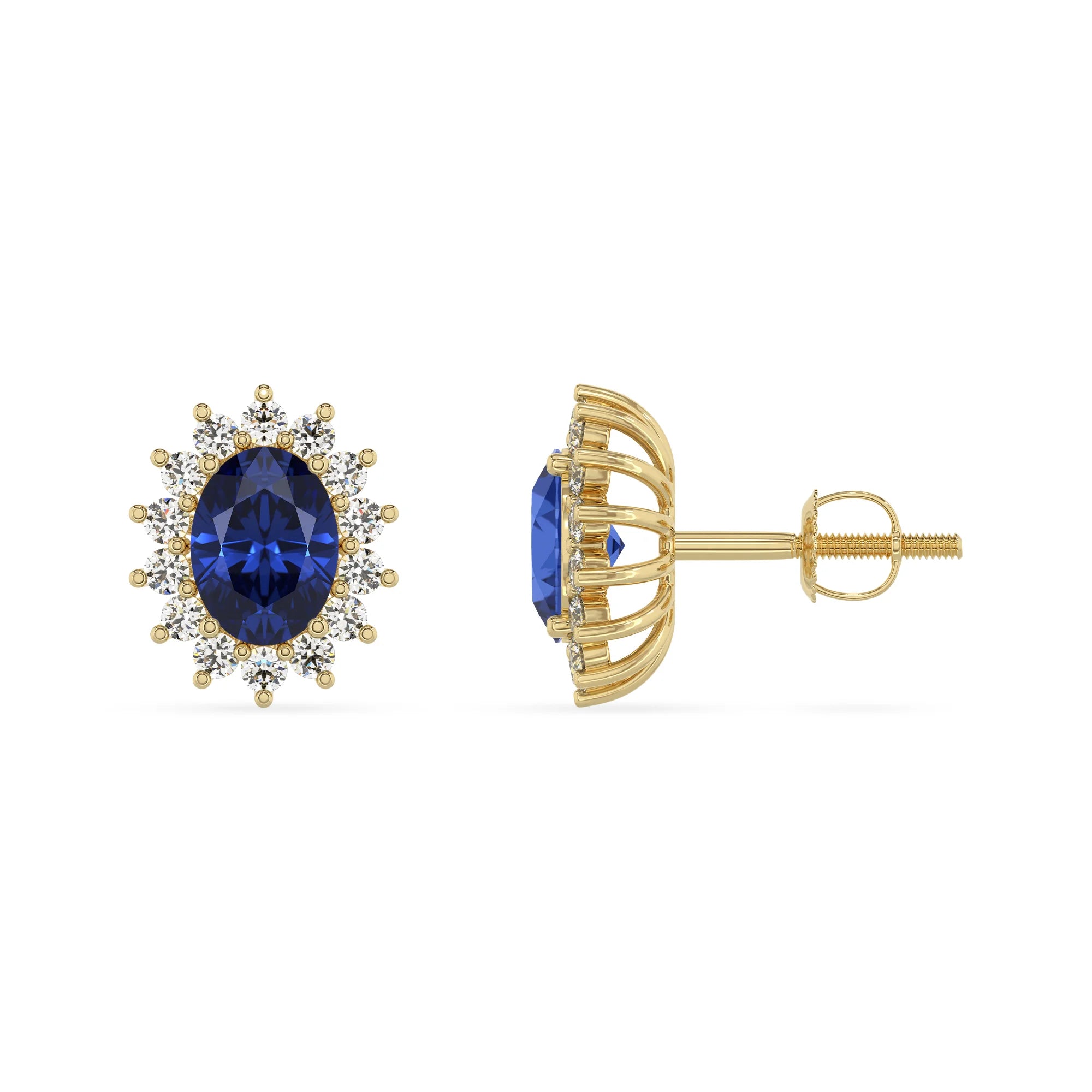 lab grown blue sapphire oval stud earrings in yellow gold