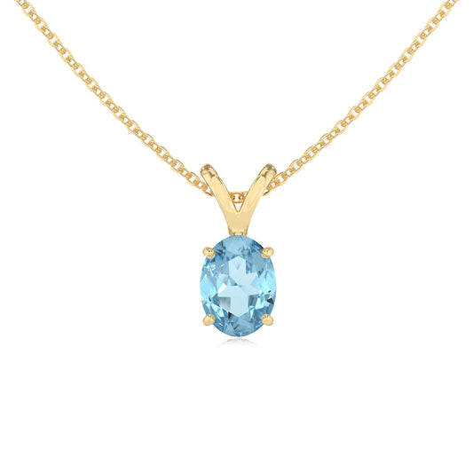 lab grown aquamarine oval solitaire v-bale necklaces in yellow gold