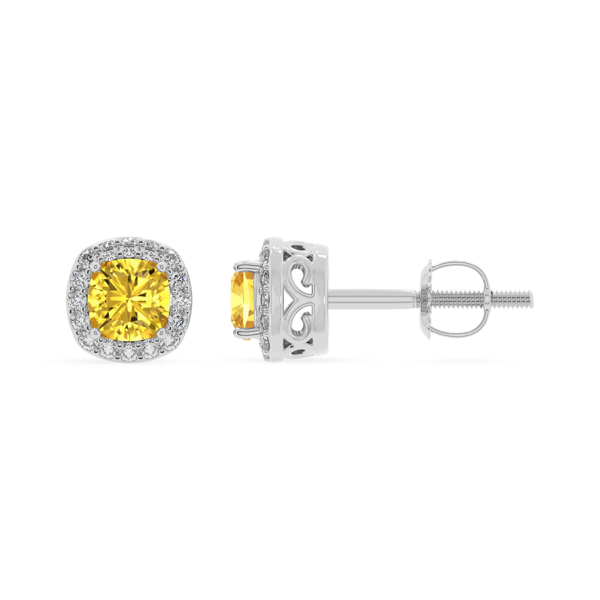 lab grown yellow sapphire cushion stud earrings in white gold