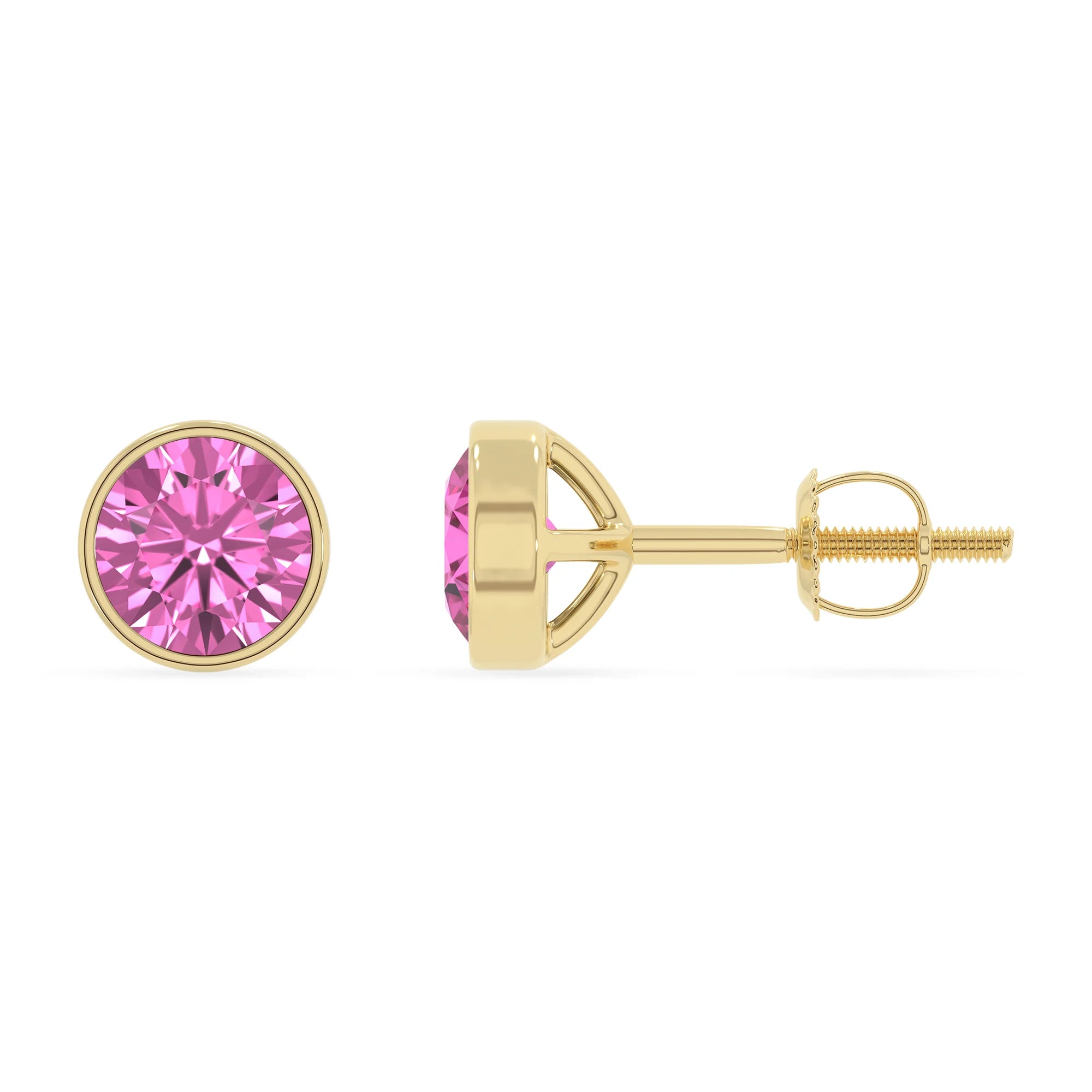 lab grown pink sapphire round stud earrings in yellow gold