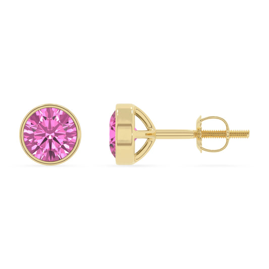 lab grown pink sapphire round stud earrings in yellow gold