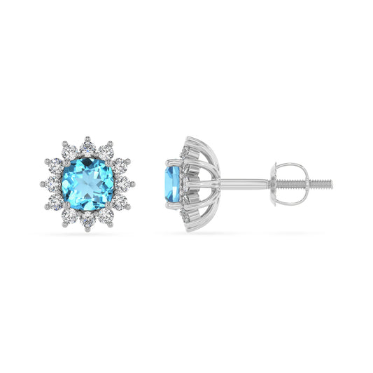 natural swiss blue topaz cushion stud earrings in platinum