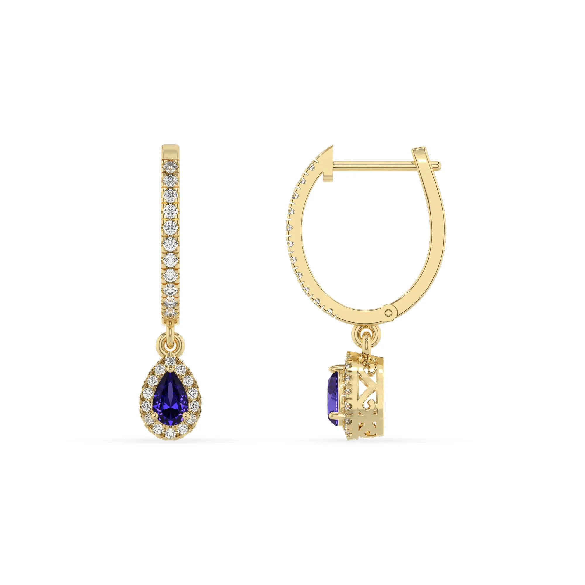 lab grown tanzanite pear drop earrings in yellow gold