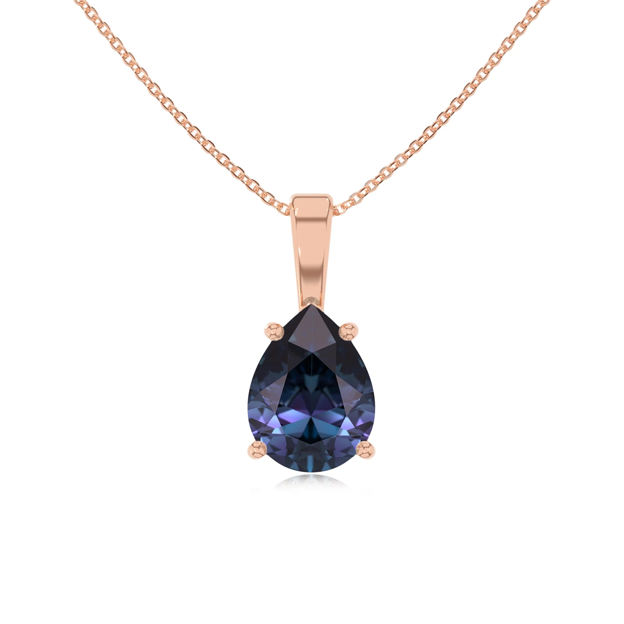 lab grown alexandrite pear solitaire necklaces in rose gold
