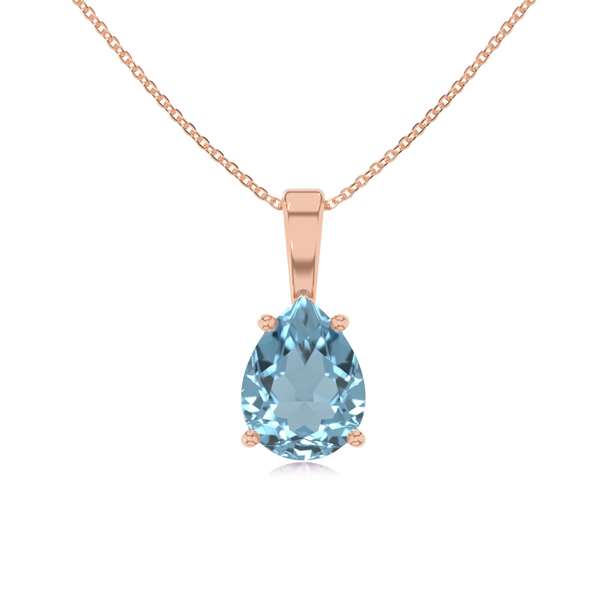 lab grown aquamarine pear solitaire necklaces in rose gold