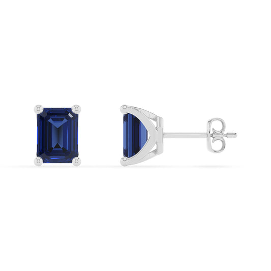 lab grown blue sapphire emerald cut stud earrings in platinum