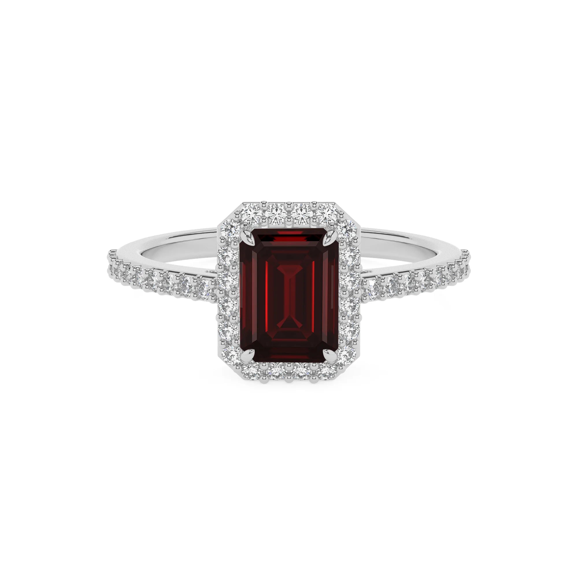 natural garnet emerald cut solitaire rings in platinum